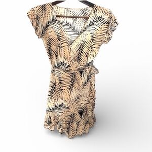 Billabong Tan and Black Leaf-Print Wrap Mini Dress Size M